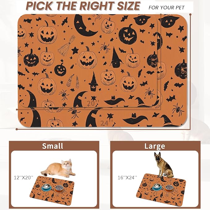 Halloween Dog Food Mat for Floors, Pumpkin Bat Absorbent Quick-Dry Pet Feeding - Image 2