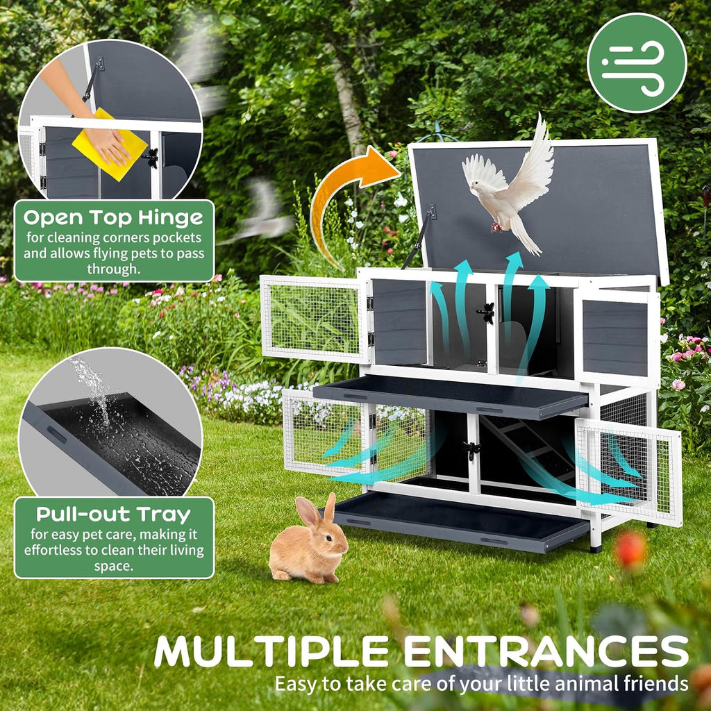 2-Story Solid Wood Rabbit Hutch with 2 Main Rooms, Grey - GlobalHabitat Supply