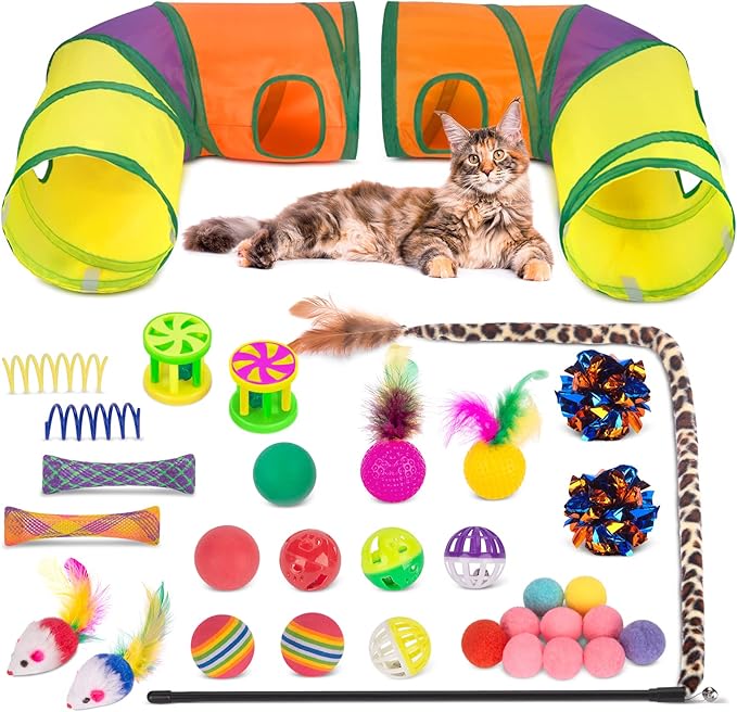 Retro Shaw 33Pcs Cat Toys with Tunnels, Interactive Kitten Toys by RetroShaw