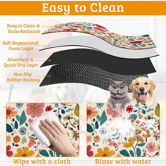 Colorful Flower Feeding Mat, Groovy Wildflowers Absorbent Quick-Dry Cat Dog - Image 5
