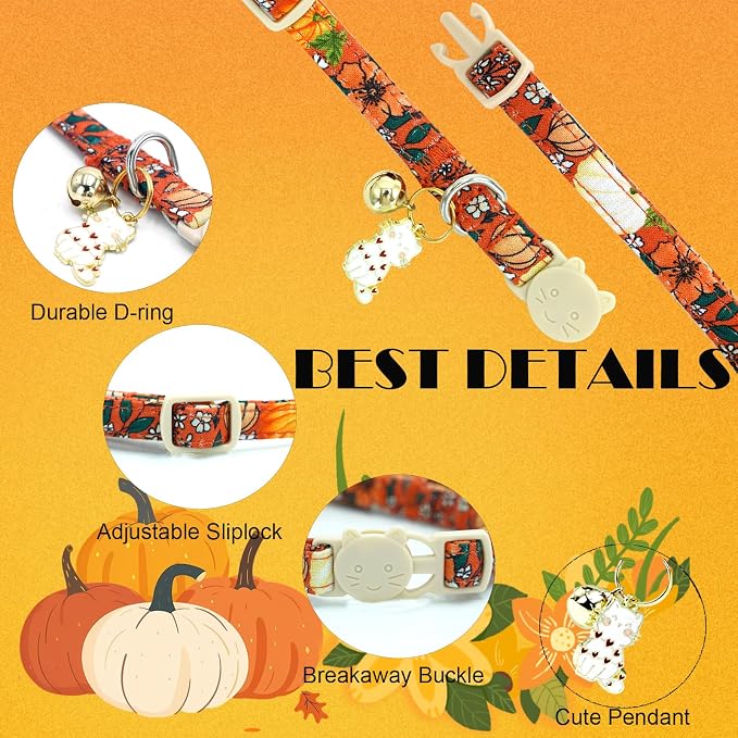Elegant little tail Halloween Cat Collar-2 Pack Pumpkin Print Fall Cotton - Image 2