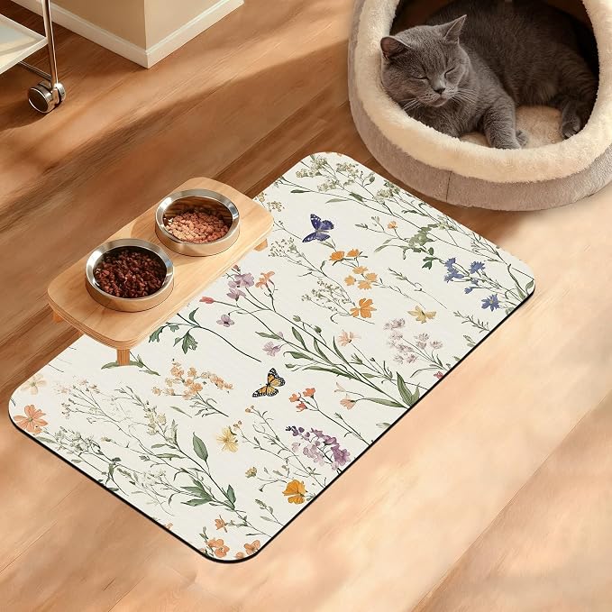 Wildflowers Butterfly Dog Cat Food Mat, Plants Absorbent Waterproof Placemat by Unknown