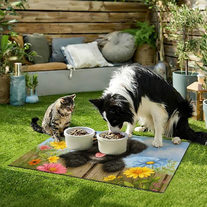 Spring Pet Feeding Mat 24" x 16"Puppy and Butterfly Floral Garden Design Non - Image 9