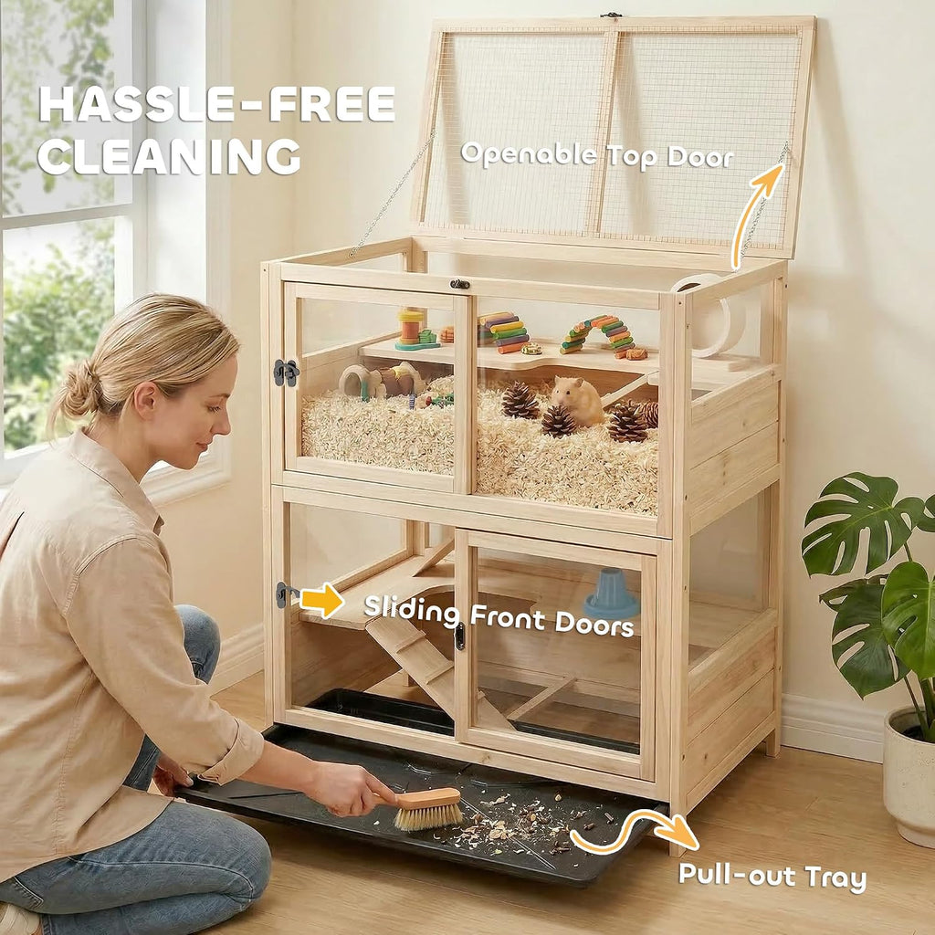 PawHut Wooden Hamster Cage, 33" x 21" x 36" - GlobalHabitat Supply