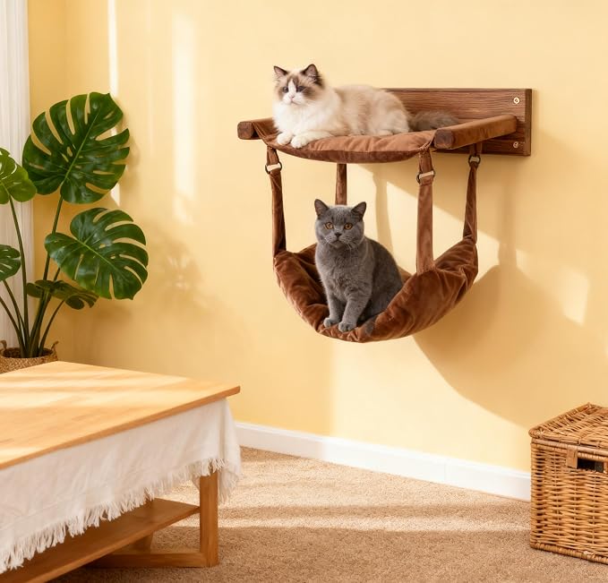 JSPYFITS Wooden Cat Wall Hammock, 18.9 x 12.6 Inch Double Layer Cat Furniture - Image 8