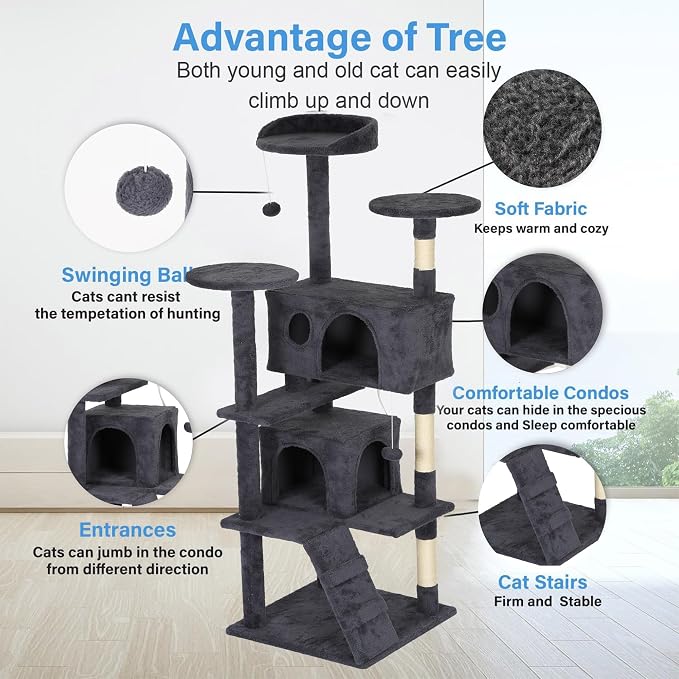 FDW | 62" Cat Tree Tower | Dark Gray | Multi-Level Indoor Activity Center - Image 5