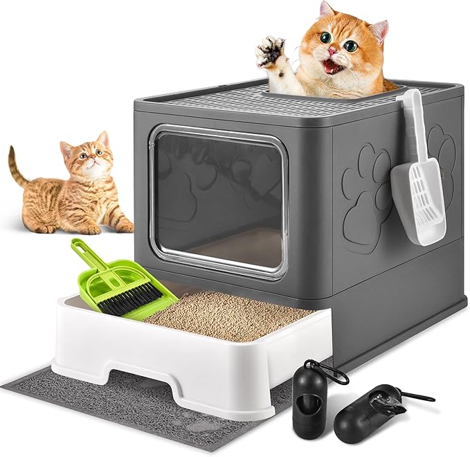 Cat Litter Box with Litter Mat, Foldable Extra Large Free in and Out/One-Way by HOMAGICO