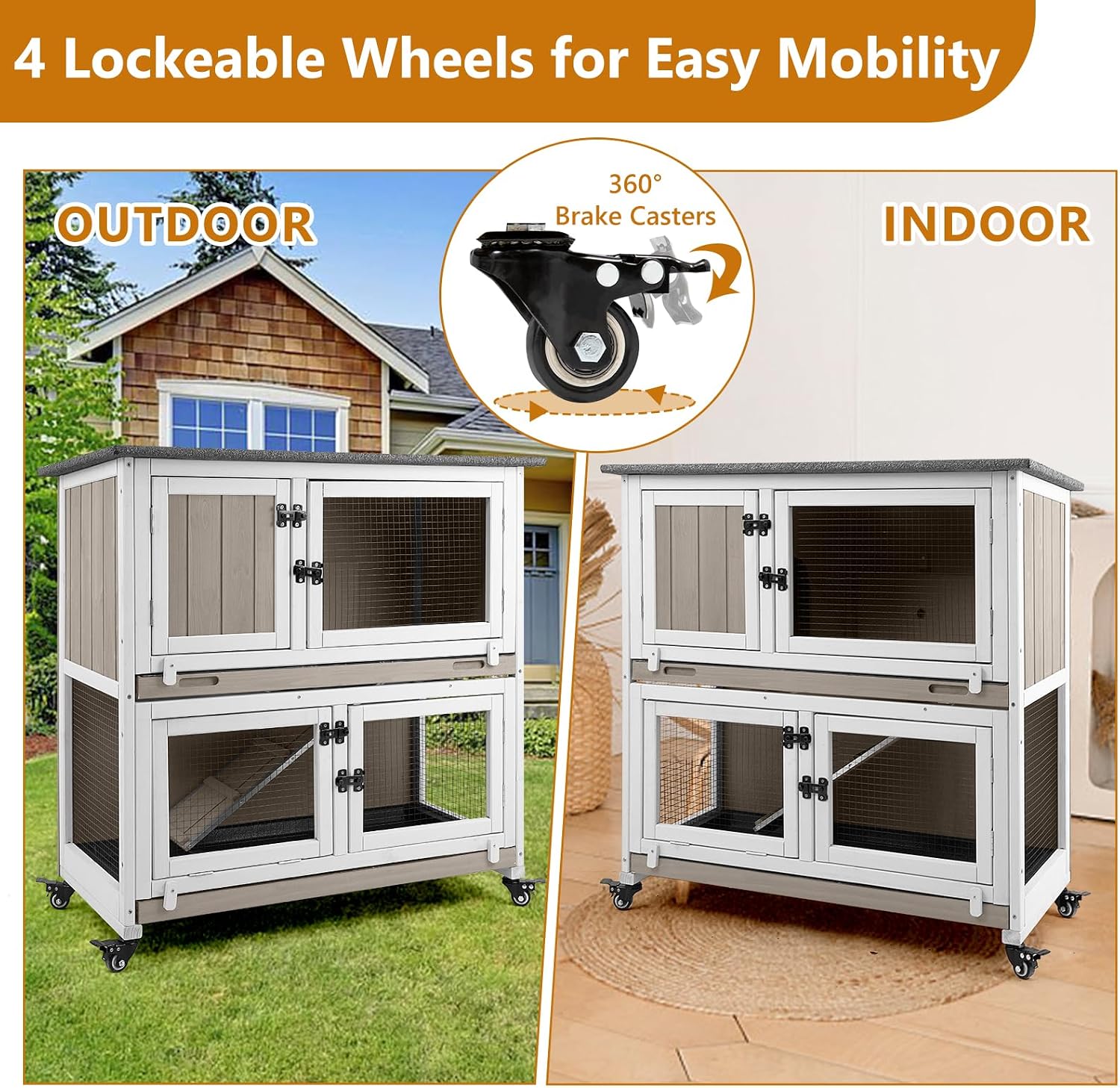 2-Story Wooden Rabbit Cage with 2 Pull-Out Trays, 4 Wheels - GlobalHabitat Supply