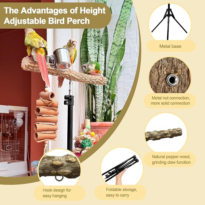3-Layer 16-63 Inch Height Adjustable Bird Perch Pepper Wood Birds Training - Image 2