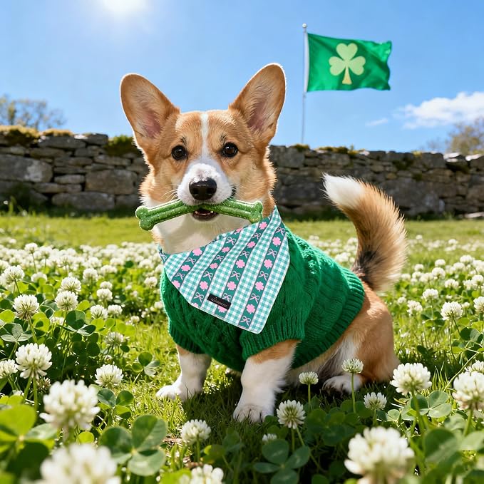 ARING PET St Patrick's Day Dog Bandana, Cute Green Grid Pink Clover Shamrocks - Image 2
