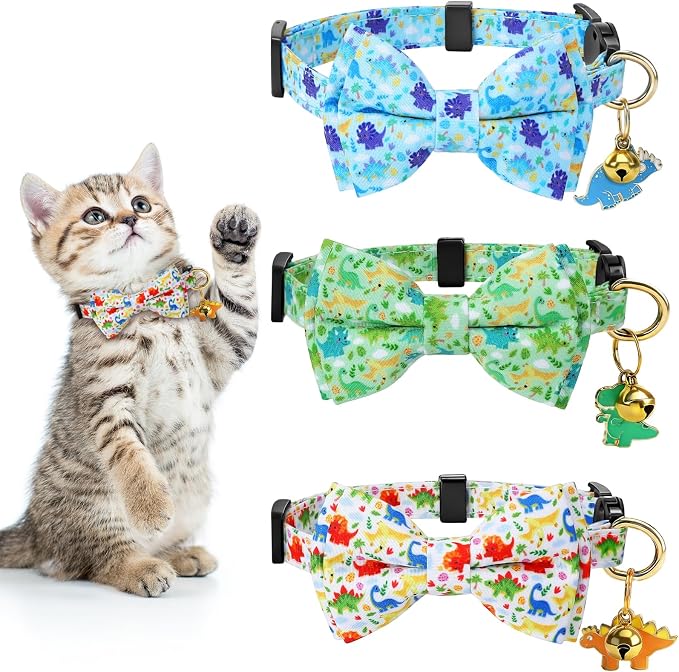 3 PCS Cat Collars with Bow Tie and Bell, Cat Collars Dinosaurs Pattern by DragonflyDreams
