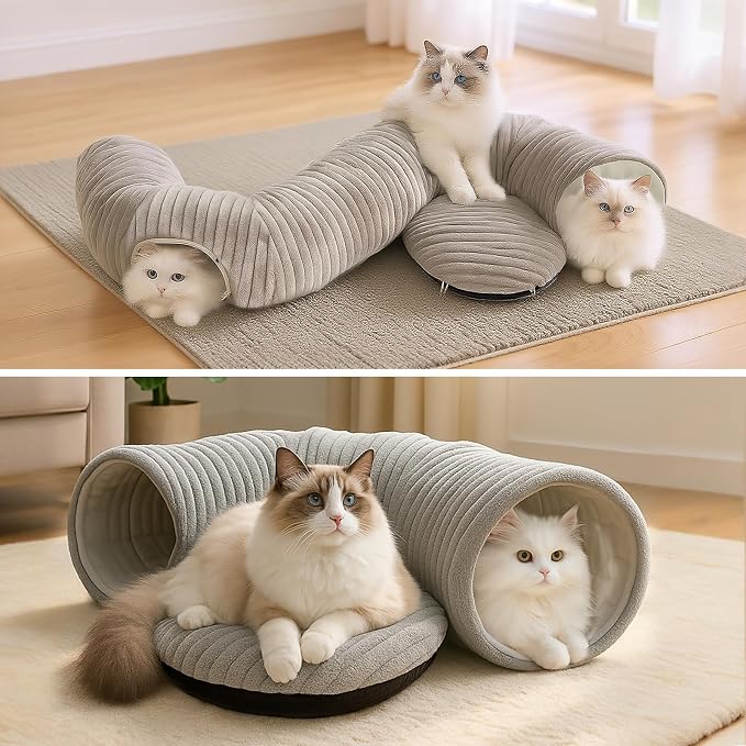 Cat Tunnel Bed for Indoor Cats, Peekaboo Cat Cave Bed, Soft Cat Donut Tunnel - Image 7
