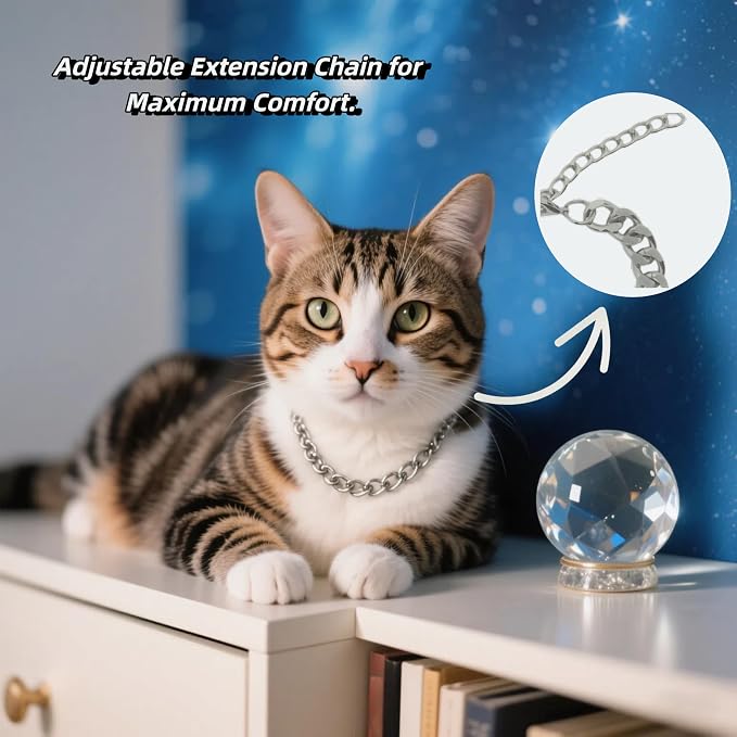Silver Cat Chain Collar, Adjustable Cuban Link Necklace - Image 3