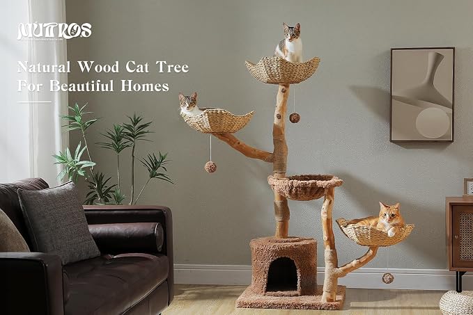 59" Cat Tree Tower with Real Solid Wood Natural Branch, Modern Cat Tree - Image 2