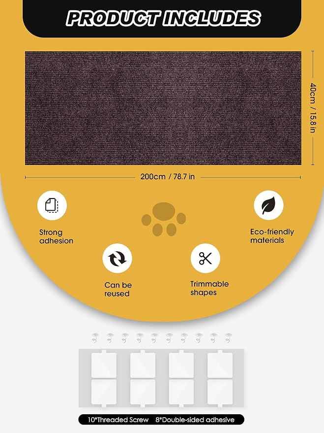 78.7"x15.8" Cat Scratch Mat, Trimmable Self-Adhesive Carpet, DIY Climb Cat - Image 7