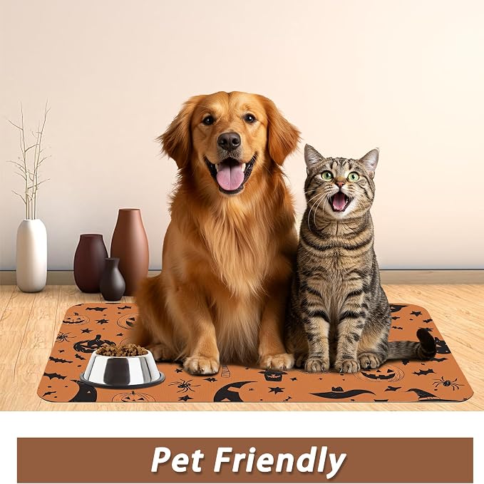 Halloween Dog Food Mat for Floors, Pumpkin Bat Absorbent Quick-Dry Pet Feeding - Image 6