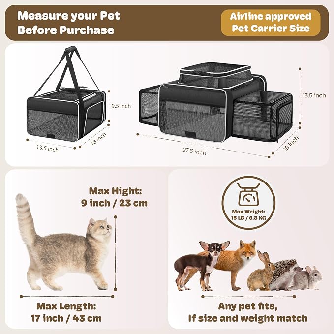Top and 2 Sides Expandable Cat Carrier 18x13.5x9.5, TSA Airline Approved Dog - Image 4