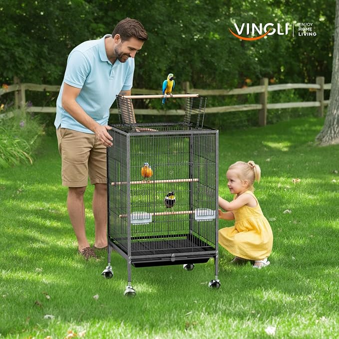 VINGLI Bird Cage with Wheels, Durable Wrought Iron Parakeet Cage with Slide Out - Image 2