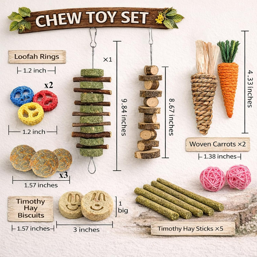Grddaef 20 PCS Bunny Chew Toys, Apple Wood and Timothy Sticks - GlobalHabitat Supply