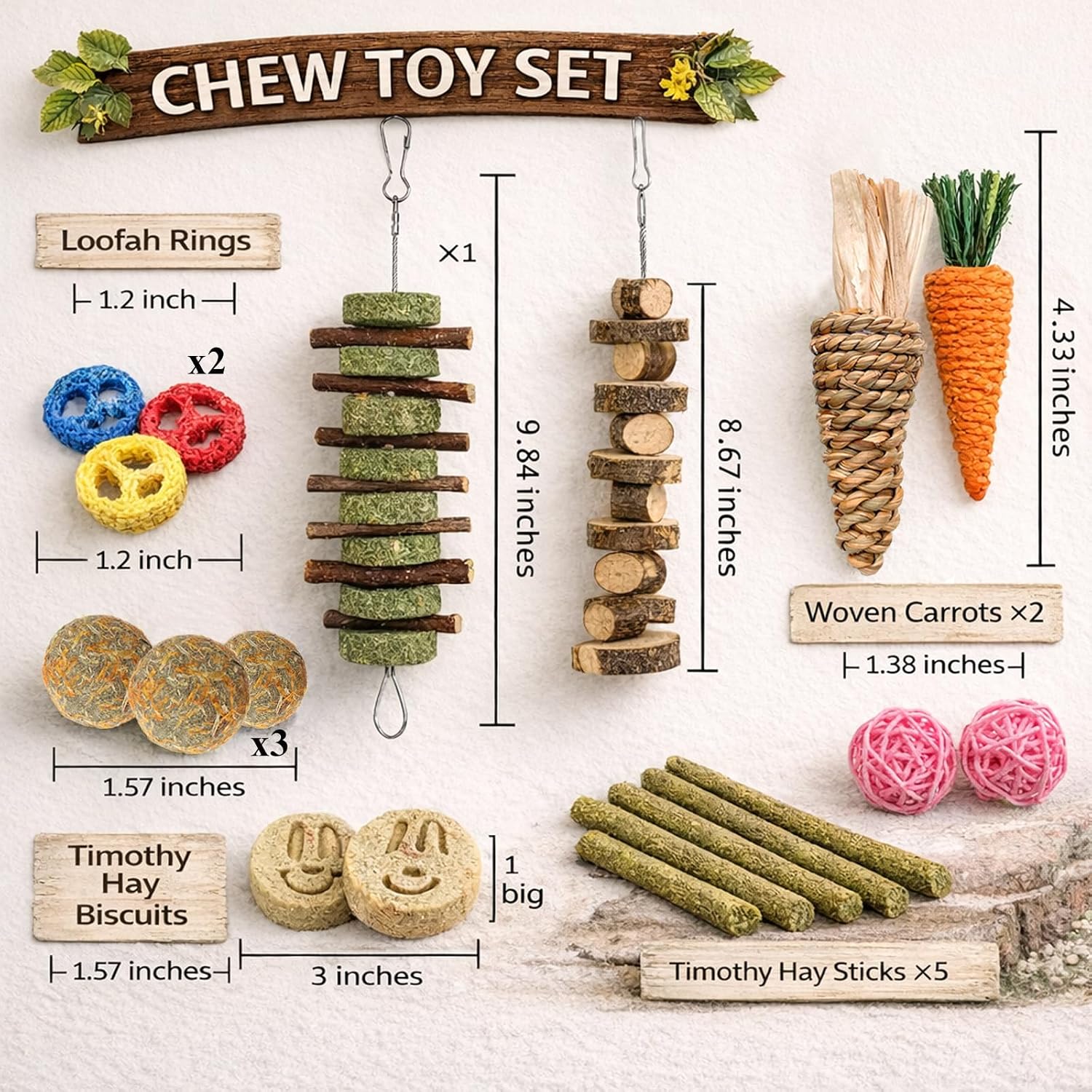 Grddaef 20 PCS Bunny Chew Toys, Apple Wood and Timothy Sticks - GlobalHabitat Supply