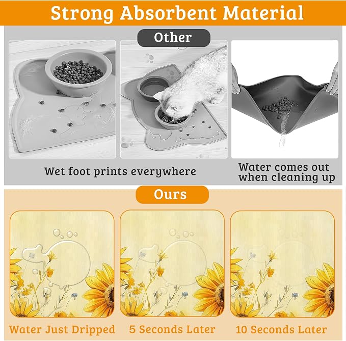 Yellow Floral Feeding Mat, Sunflower Absorbent Quick-Dry Cat Dog Food and Water - Image 3