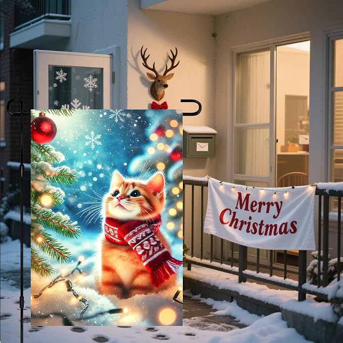 Christmas Garden Flag Winter Flag Cute Kitten Scarf Snow Scene Outdoor Yard - Image 6
