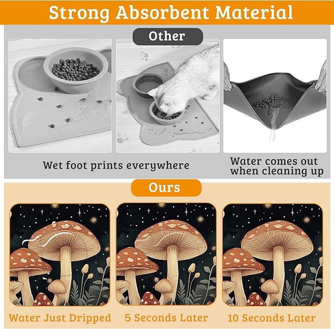 Fantasy Mushroom Dog Cat Food Mat, Butterfly Stars Absorbent Waterproof Placemat - Image 3