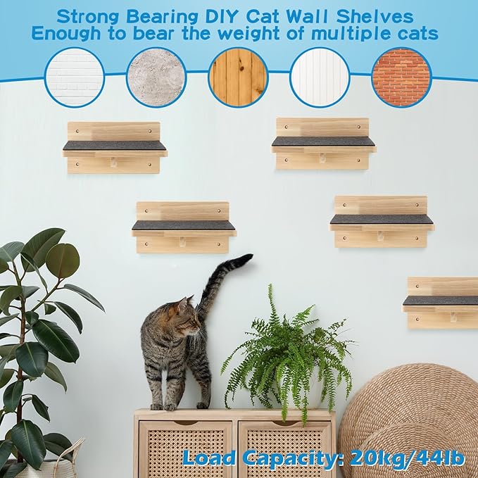 Lenwen Set of 6 Cat Wall Steps Shelf Shelves Wood Cat Climbing Shelves - Image 6