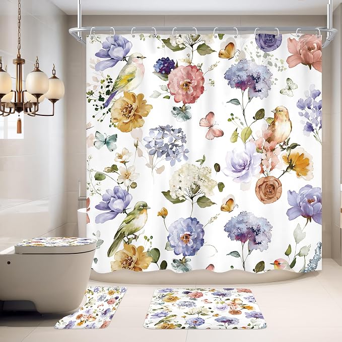 4 PCS Purple Floral Birds Bathroom Set by Ufeela