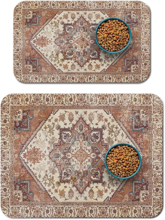 2 Pack Dog Food Mats for Floors, Absorbent and Quick-Drying Pet Cat Food Mat by QXWREL