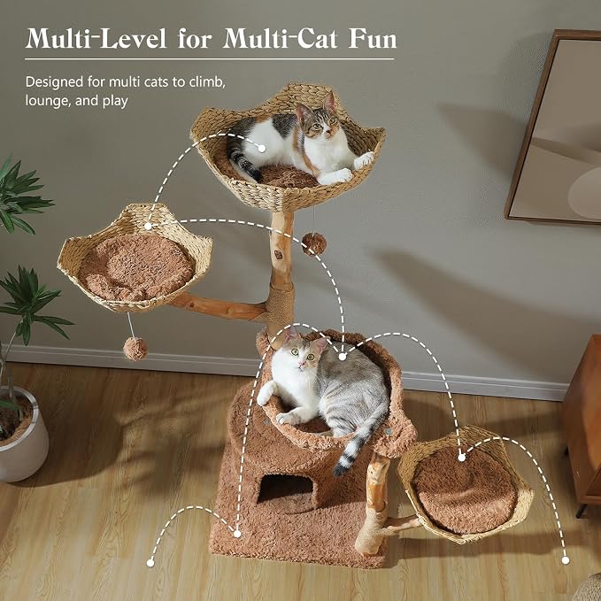 59" Cat Tree Tower with Real Solid Wood Natural Branch, Modern Cat Tree - Image 4