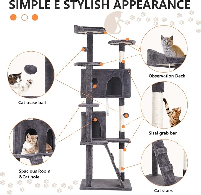 BestPet | 70" Cat Tree Tower | Light Gray | Sturdy, Hanging Cat Toys, - Image 6
