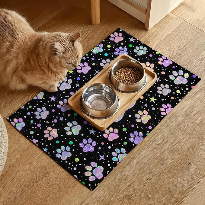 Pet Feedings Mats 20x12 inch Glitter Paw Print Pet Bowl Placemat Non Slip Mat - Image 2