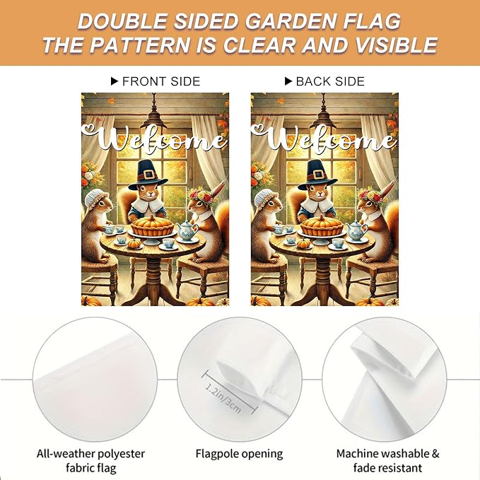 Welcome Garden Flag Autumn Garden Flag Adorable Squirrels Tea Party Decorative - Image 4