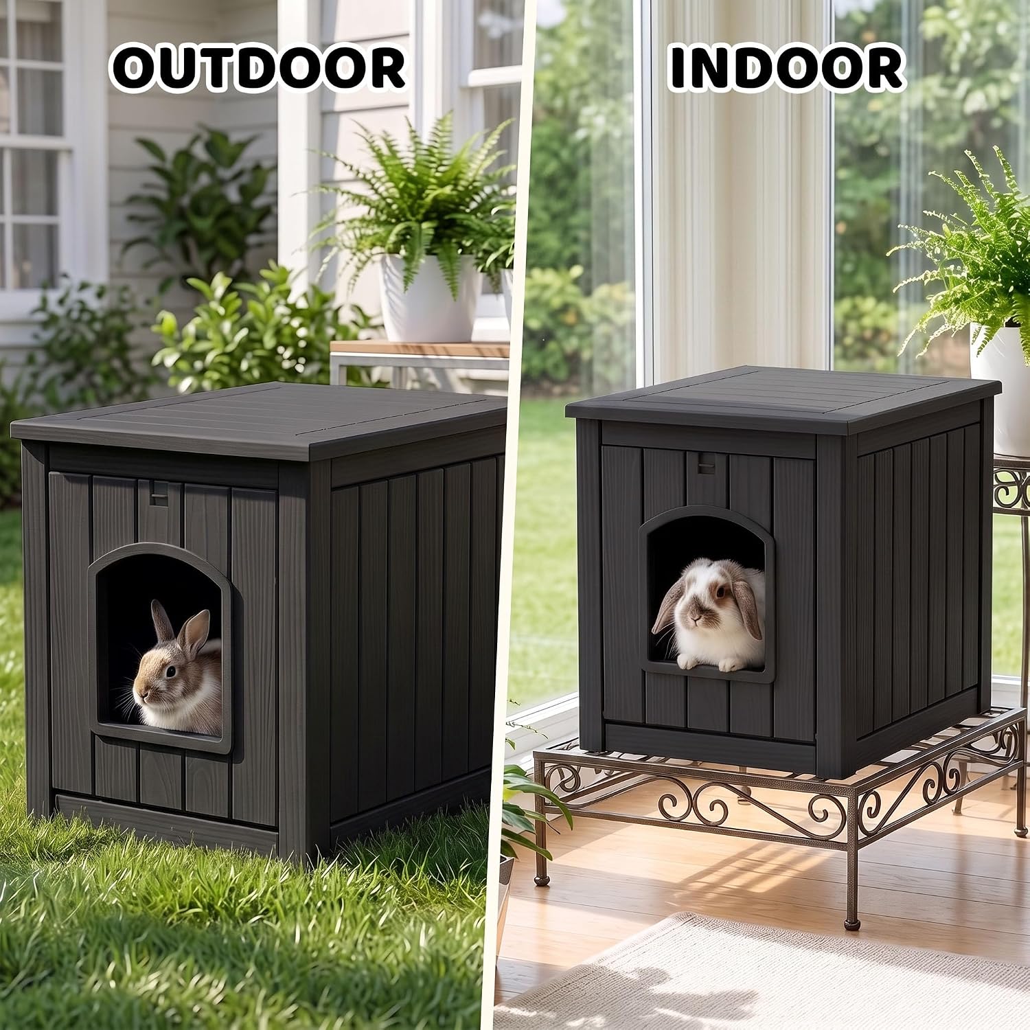 Vixzen Outdoor Rabbit Hutch with Side Table, Black - GlobalHabitat Supply