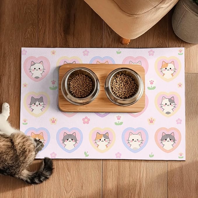 Cat Feedings Mats 20x12 inch Pink Heart Kitten Print Pet Bowl Placemat Non Slip - Image 5