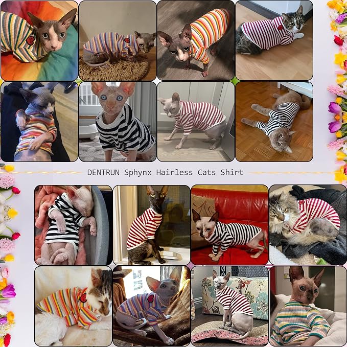 DENTRUN Hairless Cats Shirt Breathable Cat Daily Wear Clothes Stripe Vest - Image 8
