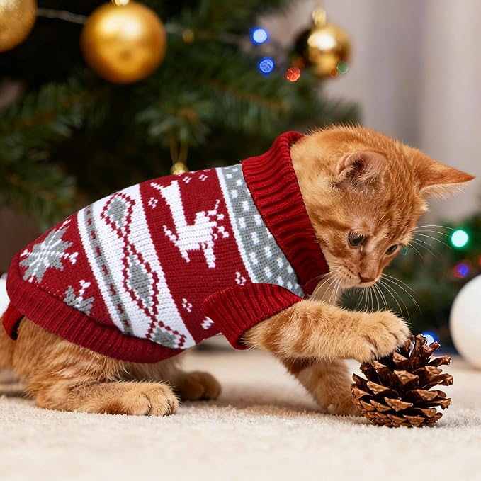 Cat Christmas Sweater Pet Winter Warm Coat Pajamas Reindeer Snowflake Knitwear - Image 2