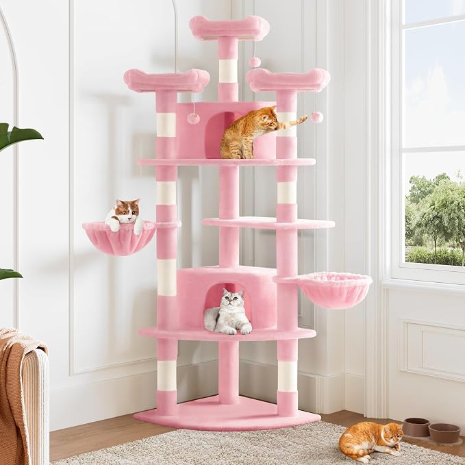 Allewie 73in Fan-Shaped Space-Saving Corner Cat Tower/Multi-Level Tall Cat Tree - Image 2