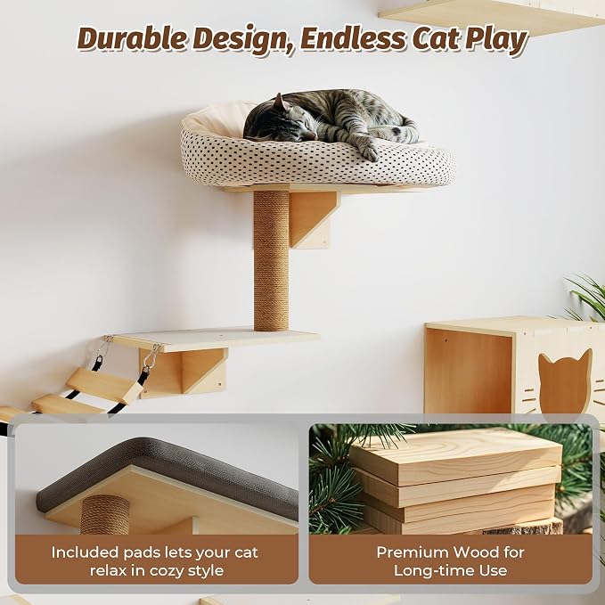 Cat Wall Shelves, Wood 8-in-1 Cat Wall Furniture Set, Large Cat Shelves - Image 2
