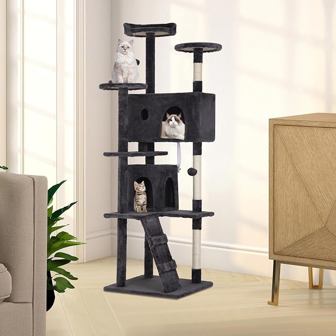70 Inch Dark Gray Cat Tree, Tall Cat Tower by GINMAON