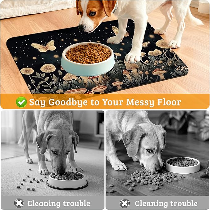 Fantasy Mushroom Dog Cat Food Mat, Butterfly Stars Absorbent Waterproof Placemat - Image 4