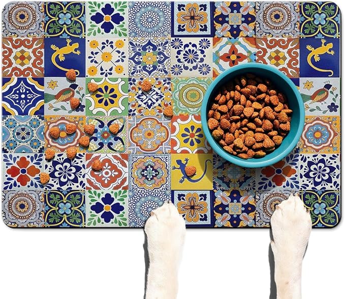 Moroccan Trellis Dog Food & Water Mat, Mexican Talavera Boho Colorful Colorful - Image 2