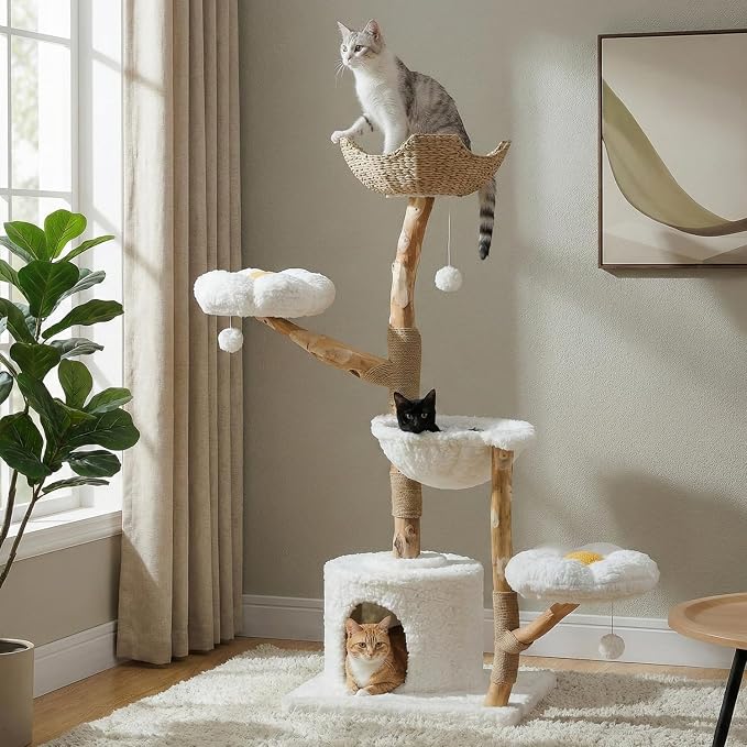 59" Modern Cat Tree Tower for Large Cats w/2 Flower Perches-Natural Solid Wood by MUTTROS