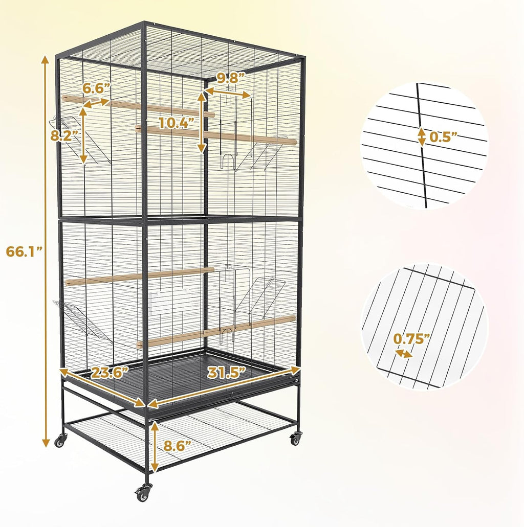 66-Inch Wrought Iron Parrot Flight Cage with Rolling Stand - GlobalHabitat Supply