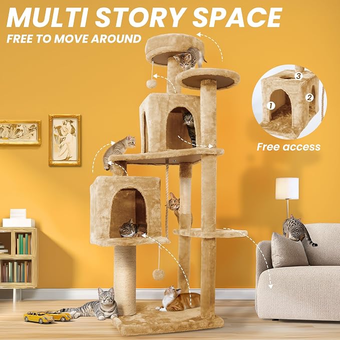 56-Inch Cat Tree for Large Cats, Sisal Scratching Posts & Hanging Toys – Sturdy - Image 2