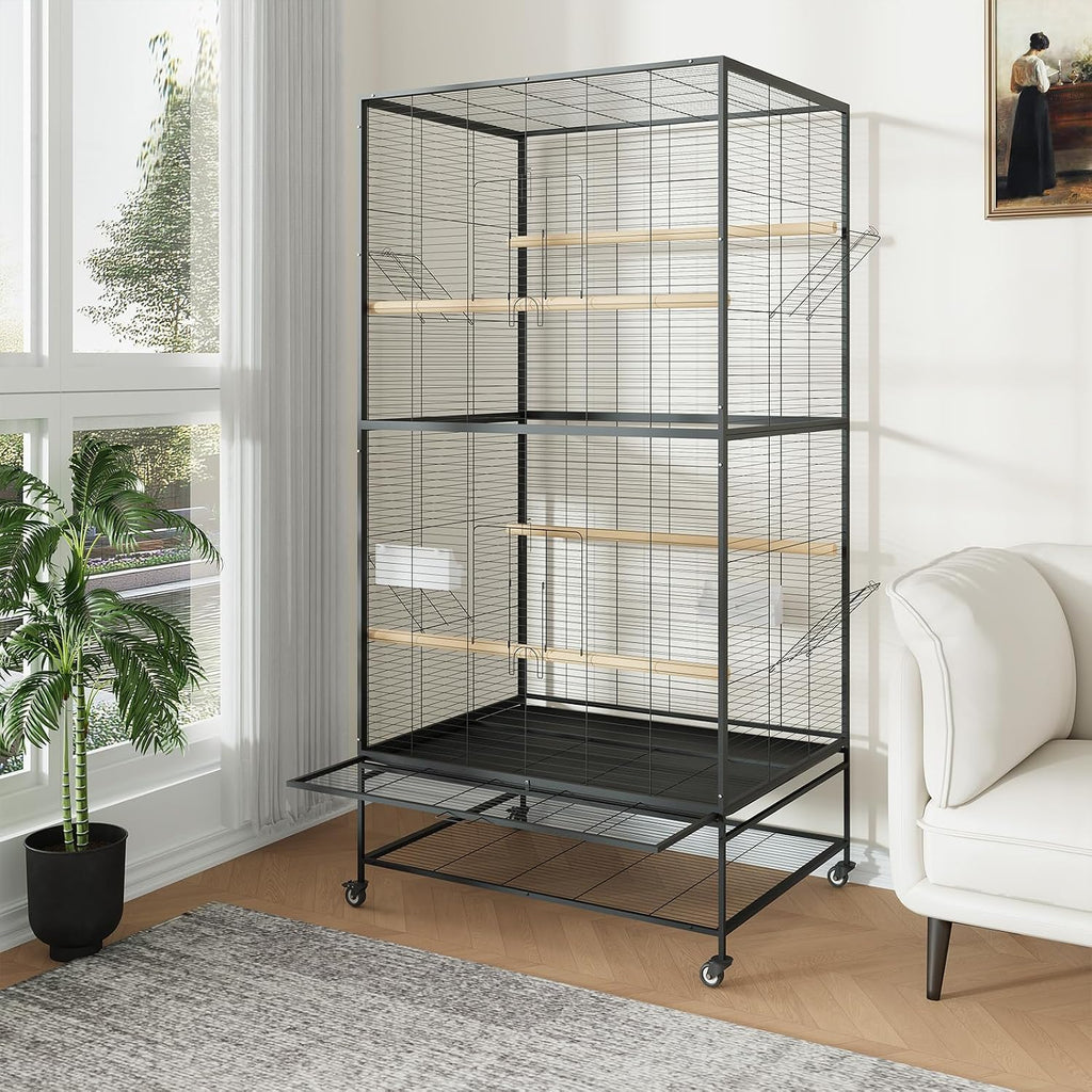 66-Inch Wrought Iron Parrot Flight Cage with Rolling Stand - GlobalHabitat Supply