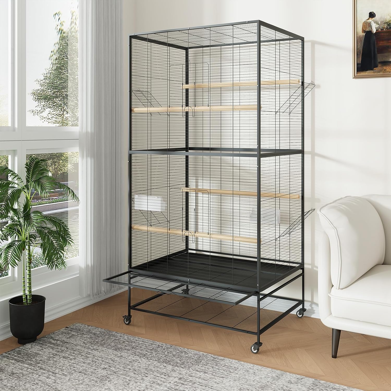 66-Inch Wrought Iron Parrot Flight Cage with Rolling Stand - GlobalHabitat Supply