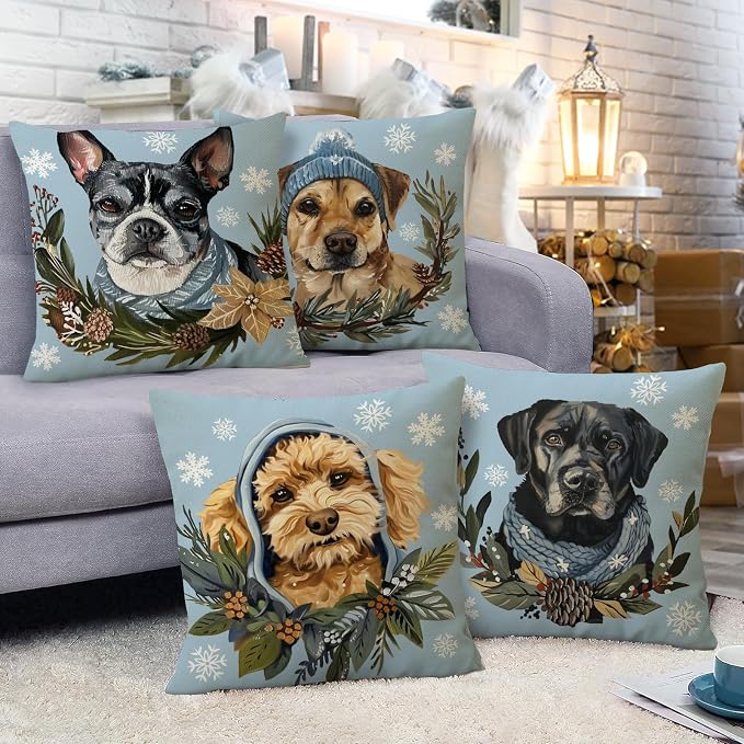 Fahrendom Winter Dogs Decorative Throw Pillow Covers 18 x 18 Set of 4, Boston - Image 6