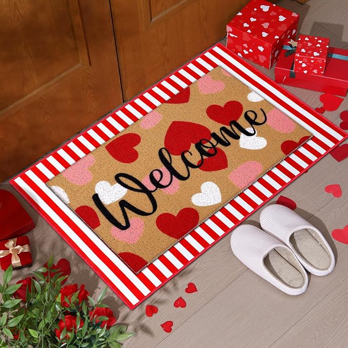 Tinideya 2 Pcs Valentine Door Mat Heart Welcome Outdoor Non Slip Coir Mats Red - Image 3